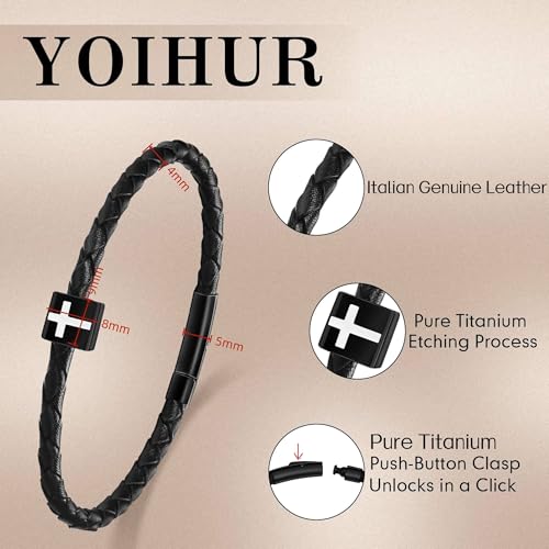 YOIHUR Cross Bracelet for Men Women, Black Italian Braided Leather Couples Bracelets, Pure Titanium Cross Mens Bracelet holiday,Jewelry Gifts for Men Women (7.5/8/8.5/9/9.5") - size: 7.5in, style: Classic Cross Bracelet