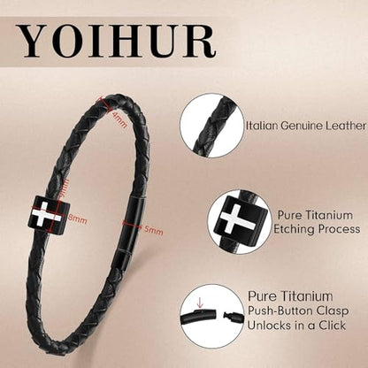 YOIHUR Cross Bracelet for Men Women, Black Italian Braided Leather Couples Bracelets, Pure Titanium Cross Mens Bracelet holiday,Jewelry Gifts for Men Women (7.5/8/8.5/9/9.5") - size: 8in, style: Classic Cross Bracelet