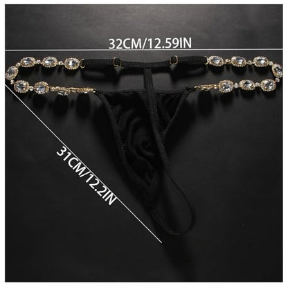 Sexy Festival Rhinestone Chain Thong for Women Stretch Crystal Chain Thong G String Bikini Back Underwear Body Jewelry - style: Gold