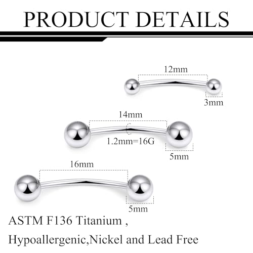 20g 18g 16g 14g Rook Piercing Jewelry Titanium Externally Threaded Curved Barbell Eyebrow Tragus Helix Conch Lobe Labret Earrings Lip Rings Body Piercing Jewelry For Women Men Ball Spike 6mm-19mm - size: 16G - 12/14/16mm Ball