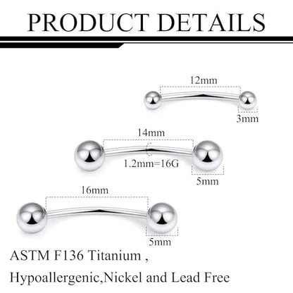 20g 18g 16g 14g Rook Piercing Jewelry Titanium Externally Threaded Curved Barbell Eyebrow Tragus Helix Conch Lobe Labret Earrings Lip Rings Body Piercing Jewelry For Women Men Ball Spike 6mm-19mm - size: 16G - 12/14/16mm Ball