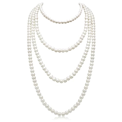 Long Pearl Necklaces for Women Cream White Faux Pearl Strand Layered Necklace Costume Jewelry - color: 6MM choker+ 8MM long
