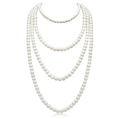 Long Pearl Necklaces for Women Cream White Faux Pearl Strand Layered Necklace Costume Jewelry - color: 6MM choker+ 8MM long