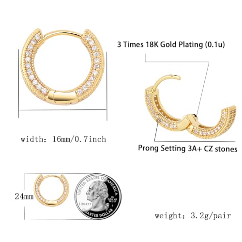 Iced Out Hoop Earrings Cubic Zirconia Huggie Cartilage Cuff Hypoallergenic 14K Gold Plated Luxury Fashion Round Circle Earrings For Men Women - color: 02 Gold