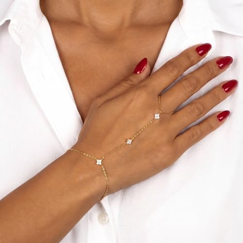 Bracelets for Women, Dainty Gold Silver Ring Bracelet Hand Chain | Cubic Zirconia Pearl Charms, 14K Gold Plated, Adjustable Fit, Trendy Stackable Link Chain, Waterproof Jewelry, Gift for Her - color: Gold-clover hand chain