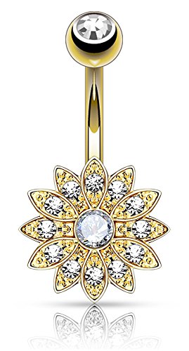 Forbidden Body Jewelry Surgical Steel Crystal Paved Petite Flower Belly Ring with Crystal Center - color: Gold Tone/Clear