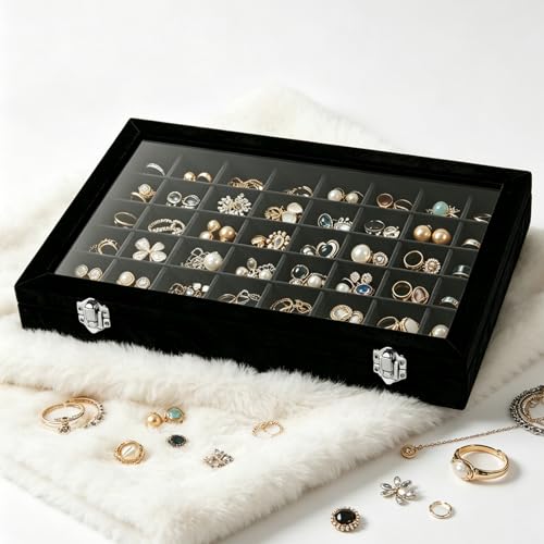 Velvet Jewelry Tray 48 Compartments Jewelry Box Display Organizer with Transparent Cover Earrings, Rings,Necklaces, Pendants Storage Box for Girls, Women,Wife, Mother (48Grid-Black) - color: 48Grid-Black