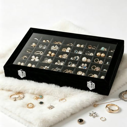 Velvet Jewelry Tray 48 Compartments Jewelry Box Display Organizer with Transparent Cover Earrings, Rings,Necklaces, Pendants Storage Box for Girls, Women,Wife, Mother (48Grid-Black) - color: 48Grid-Black