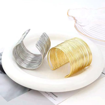 2Pcs Cuff Bangle Bracelet for Women Open Wide Wire Bracelets Gold Wrist Cuff Wrap Bracelet Adjustable - color: Gold4