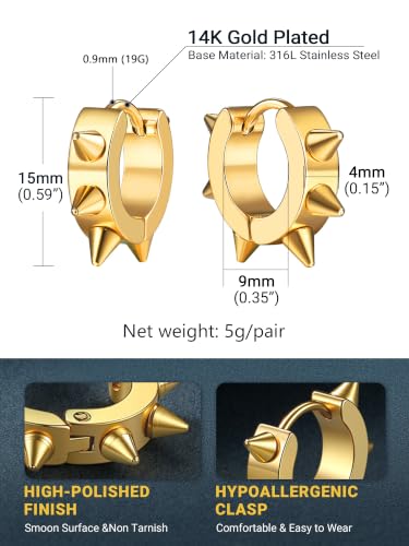 PROSTEEL Stainless Steel Huggie Hoop Earrings for Mens Gold/Black/Silver | Skull/Infinity Pattern, Spike/Cuban Links 4 Design Options Hypoallergenic Lightweight Earring Hip Hop Punk Gothic Jewelry - style: Spike Hoop-Gold
