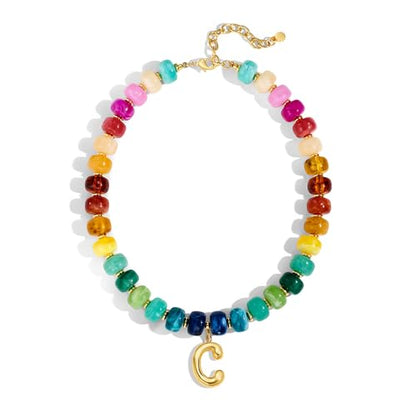 Chunky Beaded Bubble Initial Pendant Necklace Jewelry for Women | Big Large Bead Choker Letter Necklace Summer Beach Beachy Womens Statement Charm Gifts - color: Colorful C