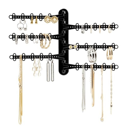 6-Tier Hanging Wall Jewelry Organizer, Earring, Necklace, Ring Holder-Black | Large Capacity with 120 Earring Holes, Rotating Branches, Includes 3M Command Strips, Bracelet, Ring & Necklace Storage - color: 6-Tier Midnight Black
