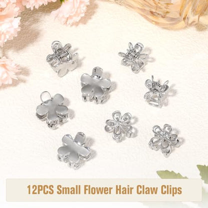 12PCS Small Metal Hair Claw Clips, Silver Mini Hair Clips for Thin Thick Hair, Cute Tiny Hair Clips, Little Flower Hair Jaw Clamps, Nonslip Bangs Pins Hair Accessories for Women Girls - color: Silver Flower