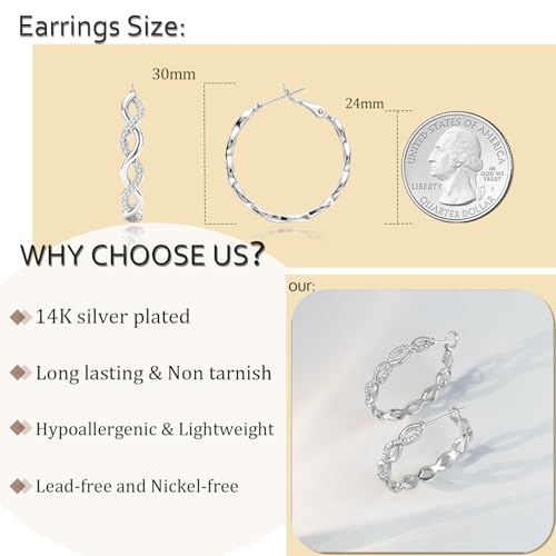 Hoop Earrings for Women, 14K Gold Sterling Silver Chunky Twisted Hoops Earring Hypoallergenic Ear Jewelry - color: Silver-30mm