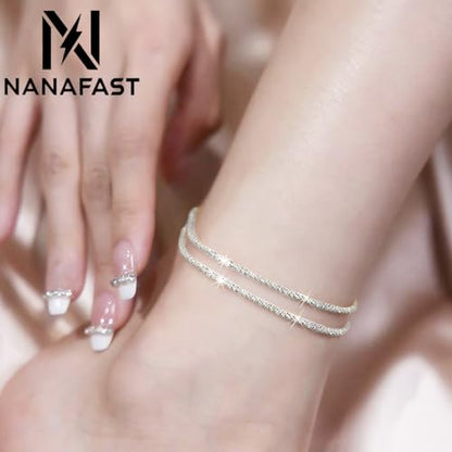 Nanafast Women's Ankle Bracelets, Sparkling Multi-layer Anklet Bracelets for Women, Adjustable Shiny Gold/Silver Anklets for Women, Beach Cute Anklets Jewelry for Summer - color: 2layersSilver