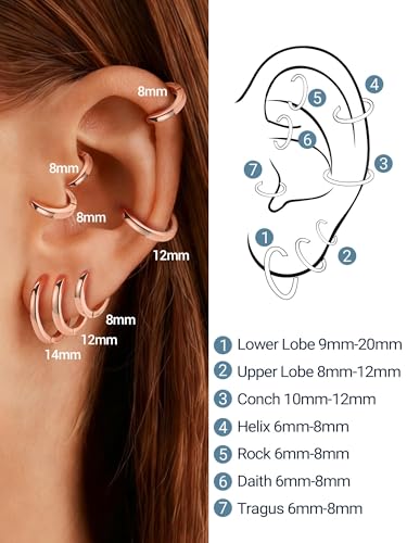 PROSTEEL Huggie Hoop Earrings For Women with 925 Sterling Silver Post | 8/10/12/14/16/18/20mm,14K Gold Plated/Black/Rose Gold/Silver Brass Lightweight Cubic Zirconia Cartilage Piercing Earring - color: 1. Rose Gold, size: 14mm