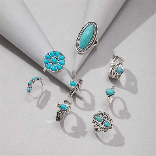 Bohemian Turquoise Ring Set for Women,Vintage Western Rings Chunky Turquoise Opal Stackable Knuckle Ring Set Punk Midi Finger Ring Pack Boho - style: Ring set-D