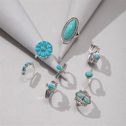 Bohemian Turquoise Ring Set for Women,Vintage Western Rings Chunky Turquoise Opal Stackable Knuckle Ring Set Punk Midi Finger Ring Pack Boho - style: Ring set-D