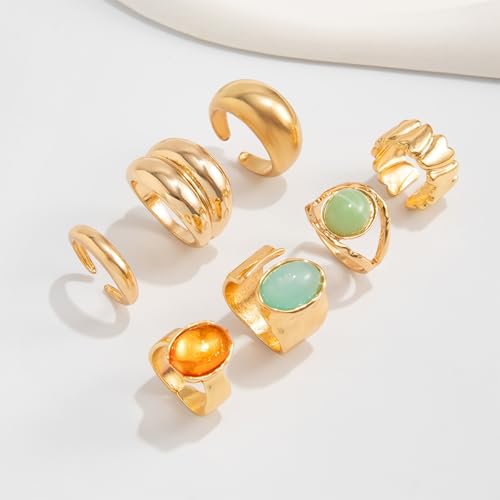 Chunky Rings for Women Stackable Vintage Adjustable Rings for Women Gold Statement Stone Ring Set Non Tarnish Vintage Jewelry - style: Gold 2