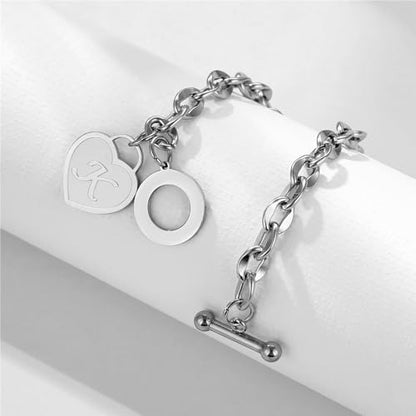Initial Heart Charm Bracelets for Women 14K gold/Silver Tone Stainless Steel OT Clasp Heart A-Z Letter Name Bangle Bracelet Gifts - color: M