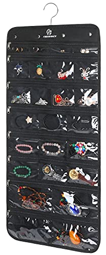 Hanging Jewelry Organizer with 50 Transparent Pockets, 360° Rotating Hanger & Secure Zipper Closure - Foldable Double Sided Jewelry Storage Bag for Earrings, Rings, Necklaces, Bracelets (Black)