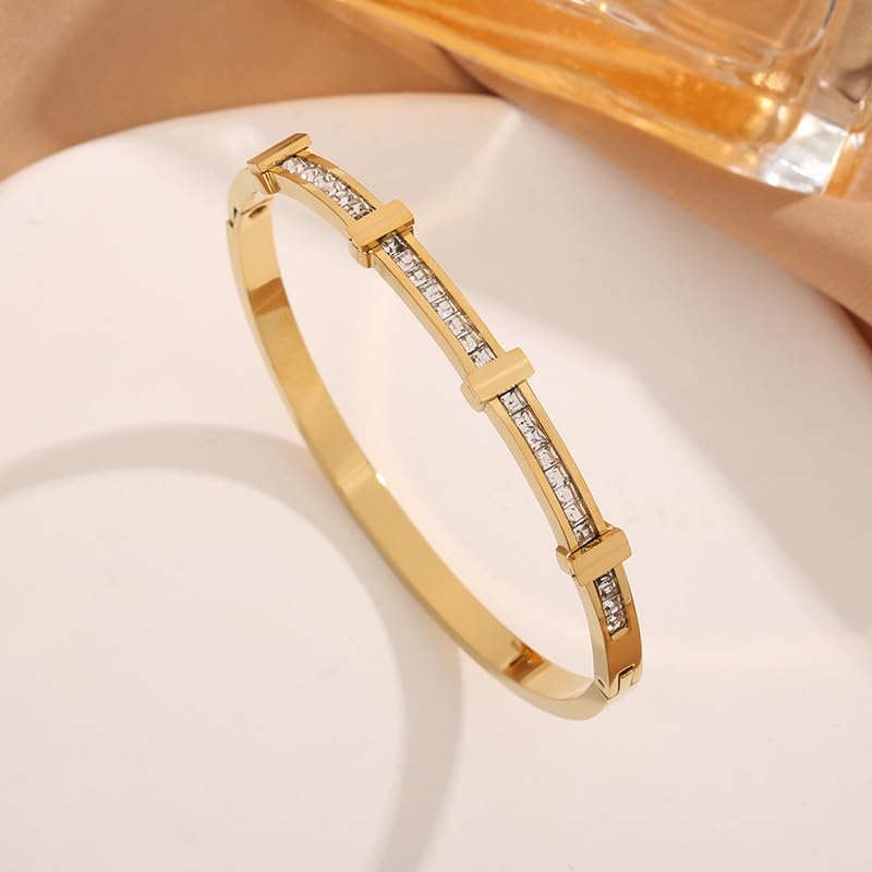 Rhinestone Open Bracelet - Double Layer Zircon Cuff Jewelry with Geometric Design | Titanium Steel Electroplated Wrist Accessory | Minimalist Bangle Bracelet for Daily Fashion Wear
