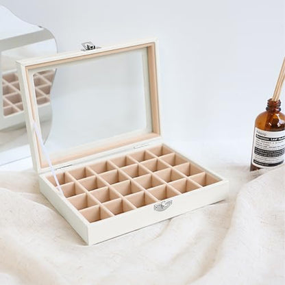 Wudygirl 24 Grid Earring Organizer Small Jewelry Box with Lid WhiteCream | Ring Box with Adjustable Dividers, Velvet Lining, Ideal for Rings, Earrings, Jewelry Display, Gift Giving - style: White Cream 24 Grid