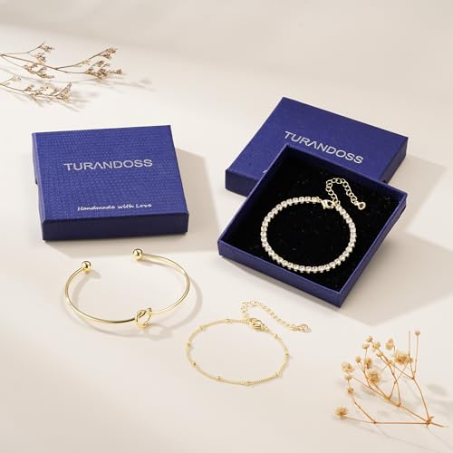 Turandoss Gold Bracelets for Women - Dainty 14K Gold Plated Tennis Bracelet | Stackable Cross Beaded Set, Twisted Rope Chain, Snake Paperclip Chain, Knot Cuff Bracelets for Women, Jewelry Gifts - color: Knot Tennis Set