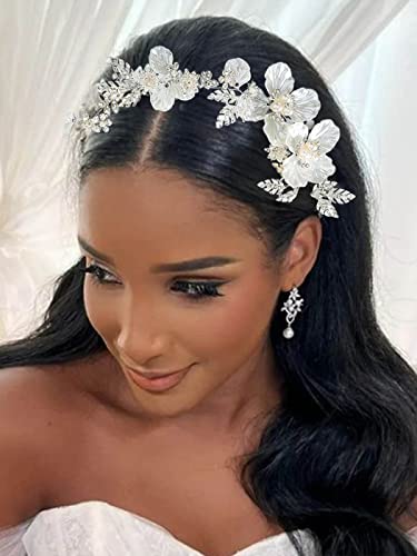 Catery Flower Bride Wedding Headband Silver Bridal Hair Vine Floral Headpiece Accessories for Women