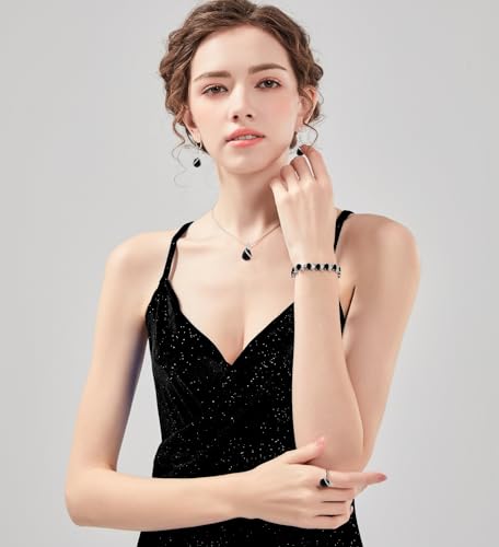 LMXXVJ Jewelry Set for Women,Teardrop Cubic Zirconia Necklace Earrings Adjustable Ring Bracelet Jewelry Set Formal Jewelry Gift - color: SYSD-White Gold-Black