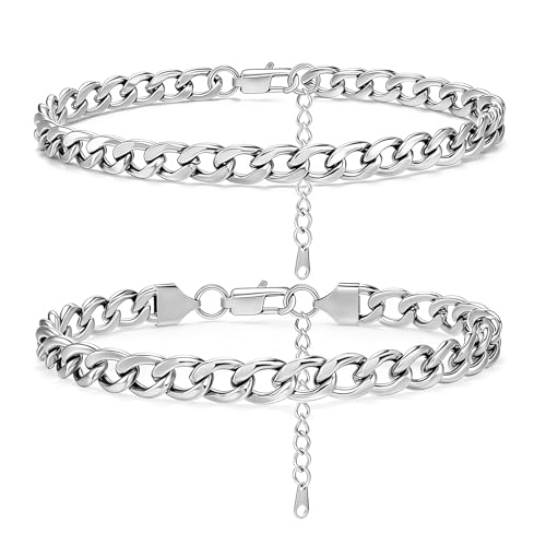 2PCS Ankle Bracelets for Women - Gold/Silver Plated Stainless Steel Anklets Set - Waterproof Layered Cuban Link Chain Anklet Bracelet Summer Beach Foot Jewelry Gifts for Women - color: Style 1-Silver