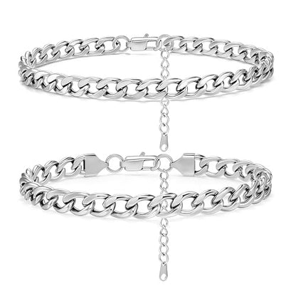 2PCS Ankle Bracelets for Women - Gold/Silver Plated Stainless Steel Anklets Set - Waterproof Layered Cuban Link Chain Anklet Bracelet Summer Beach Foot Jewelry Gifts for Women - color: Style 1-Silver