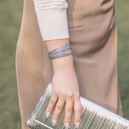 Gold Tube Leather Wrap Bracelets Boho Chunky Stackable Layered Western Cuff | Stacked Bohemian Cool Magnetic Clasp Bangles Statement Cowgirl Hippie Country Festival Accessories for Women Trendy - color: Blue