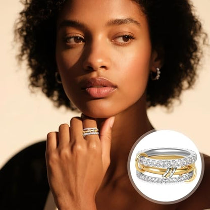 18K Gold-Plated Interlocked Ring for Women, Non Tarnish CZ Band | Interlocked inseparable one-piece ring for women. Triple & quadruple linked styles, non-tarnish CZ jewelry for daily wear - color: Silver