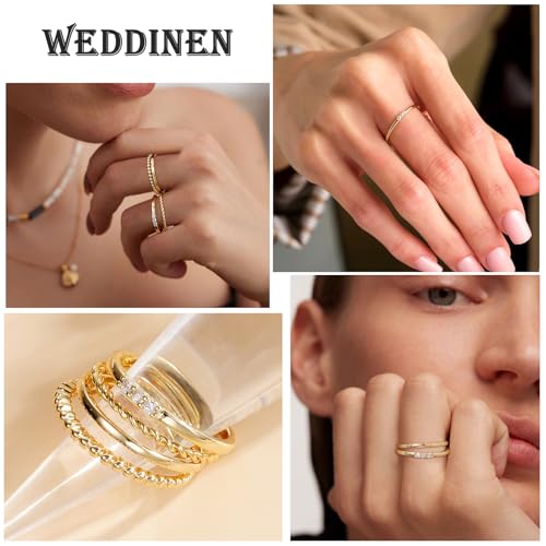 WEDDINEN 4PC Gold Rings for Women, S925 Sterling Silver 14k Gold Filled Plated Stackable Thin Thumb Ring Set Cubic Zirconia Dainty Stack Gold Knuckle Rings Set Size 6-10 - color: Gold, size: 6