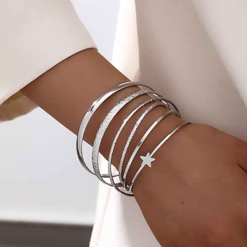 ÌF ME Gold Bangle Bracelets for Women, Indian Bangles Stackable Set, Multi Layer Textured 18K Gold Plated Chunky Bracelets Boho Jewelrys Set - style: silver-star