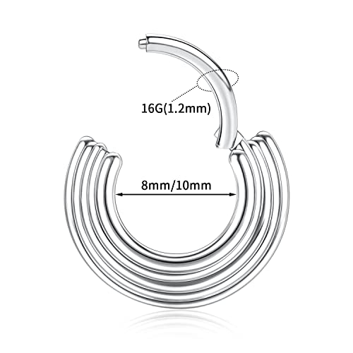 FUNLMO 18G 16G Septum Jewelry Triple Stacked Septum Nose Ring Surgical Steel Daith Conch Helix Cartilage Lobe Piercing Jewelry - color: Style 2: Silver-5 tier stack