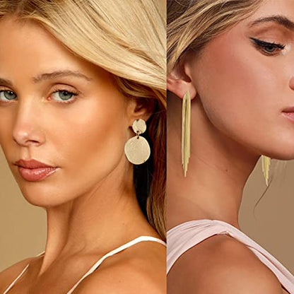 Gold Metal Clip On Earrings for Women Non Pierced Dangle Drop Earrings Multiple Styles - color: gold tassel + disc