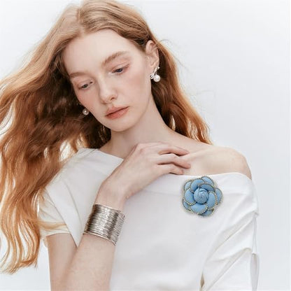 Dainty Crystal Camellia Flower Brooch Pin for Women Rhinestone Fabric 3D Floral Blossom Brooches Lapel Hair Pins Elegant Wedding Anniversary Dress Accessories Jewelry Gift 6.5cm/2.5in - color: Blue