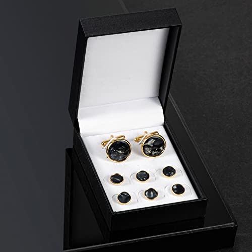 wynameleri Mens Classic Shirts Cufflink Studs, Mother-of-Pearl Tuxedo Shirt Button and Cuff Links Set, Formal Business Wedding Jewelry - color: MOP-Gold Black