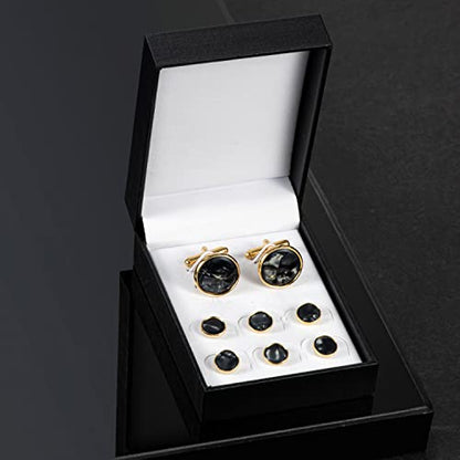 wynameleri Mens Classic Shirts Cufflink Studs, Mother-of-Pearl Tuxedo Shirt Button and Cuff Links Set, Formal Business Wedding Jewelry - color: MOP-Gold Black
