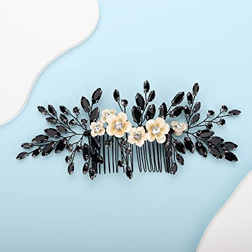 Bridal White Flower Black Crystal Rhinestone Hair Comb for Bride Bridesmaid Sliding side Headpieces Wedding Hair Accessories for Women and Girls (Black) - color: Black