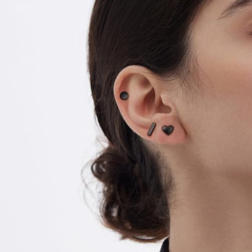 JIAYIQI Minimalist 925 Sterling Silver Stud Earrings Set, 14K Gold Plated Hypoallergenic Tiny Bar Dot Heart Star Studs for Women & Men - style: Black-Heart-1Pair