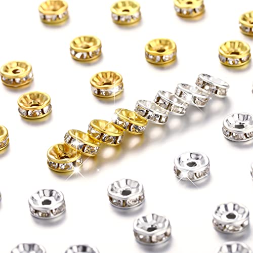 Hicarer 800 Pieces Round Rondelle Spacer Beads Crystal Rhinestone Loose Charm Beads for Jewelry Making(8 mm,Gold, Silver) - size: 8