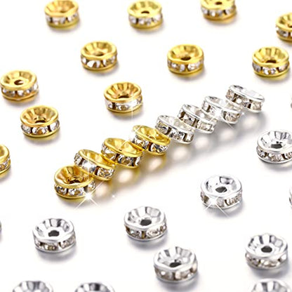 Hicarer 800 Pieces Round Rondelle Spacer Beads Crystal Rhinestone Loose Charm Beads for Jewelry Making(8 mm,Gold, Silver) - size: 8