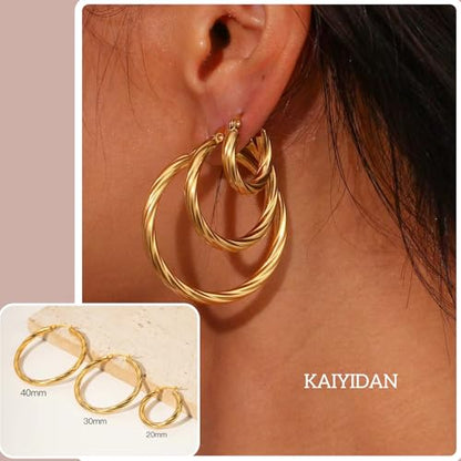 2 Pairs Gold/Silver Hoop Earrings For Women Set Trendy,14K Plated Gold Chunky Huggie Hoop Earings Pack,Oval Twisted Statement Silver Hoops,Fashion Jewelry Gift - color: 2) twist hoop