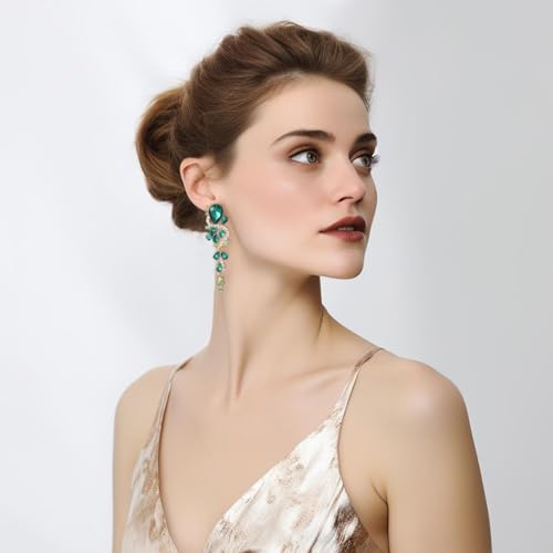 Fashion Rhinestone Statement Drop Dangle Earrings Long Colorful Crystal Bridal Wedding Teardrop Chandelier Earrings for Women Prom Pageant - color: Green