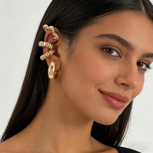 4pcs Chunky Gold Silver Ear Cuff Set for Women Punk Metallic Twist Non Piercing Clip Cuff Earrings Trendy Jewelry Set for Daily Party - style: style F