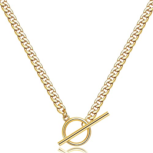 CHESKY 14K Gold Plated Layered Chain Necklace for Women | Trendy Cuban Link Chain, Chunky Paperclip Chain, Toggle Clasp Necklace, Fashion Gold Jewelry, Daily Gift for Women - style: Toggle+Bar