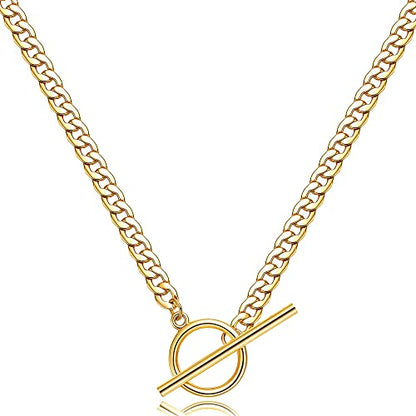 CHESKY 14K Gold Plated Layered Chain Necklace for Women | Trendy Cuban Link Chain, Chunky Paperclip Chain, Toggle Clasp Necklace, Fashion Gold Jewelry, Daily Gift for Women - style: Toggle+Bar